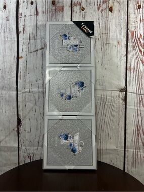 Crystal Luxe Decor Bathroom Accent  Silver Glitter Triptych w/ Blue Floral Motif